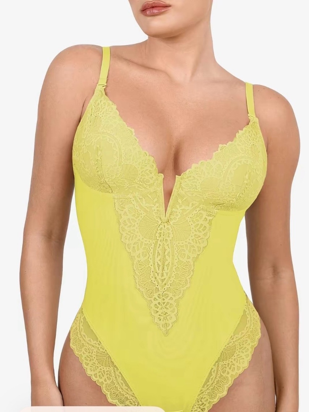 POPILUSH Lace-Trim Plunge Bodysuit - Yellow